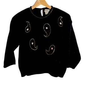 Koret Vintage 1980s Embellished Beaded Sweater Black Gold Size L